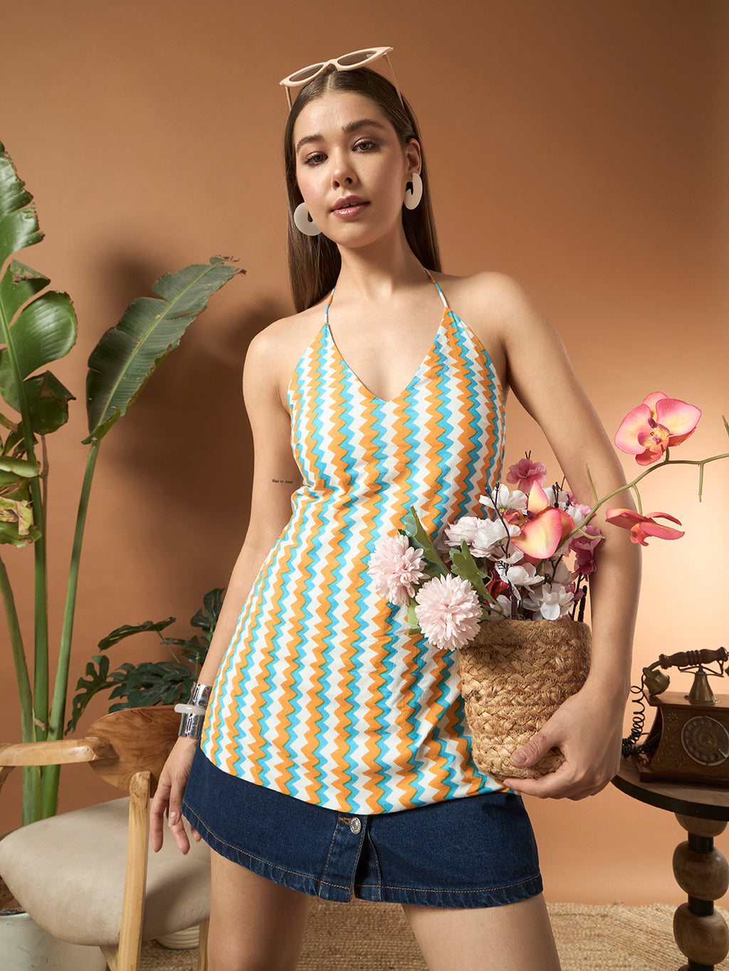 Savorelle Riviera Halter Backless Printed Short Kurti Blue