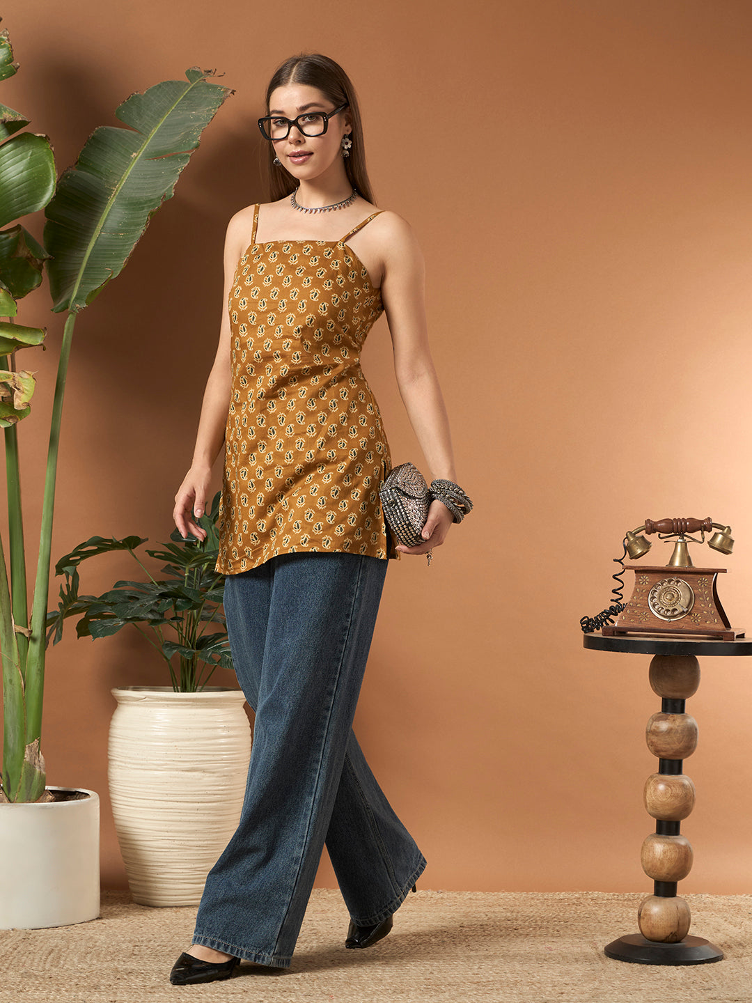 Savorelle Heritage Printed Sleeveless Short Kurti Mustard Yellow