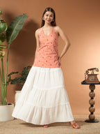 Savorelle Riviera Halter Backless Printed Short Kurti Orange