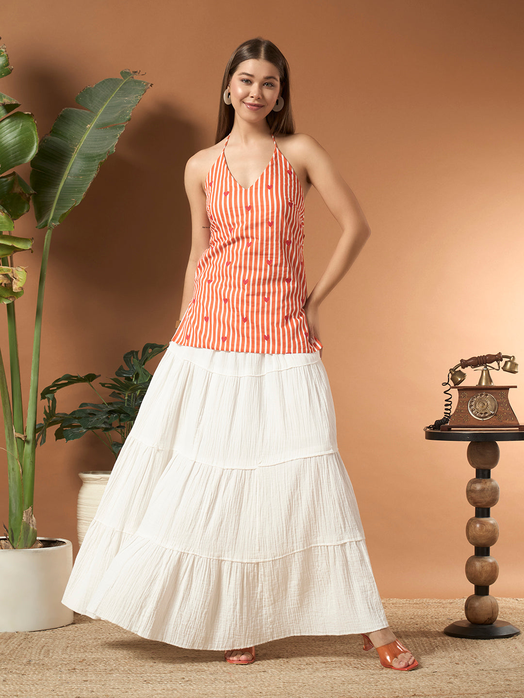 Savorelle Riviera Halter Backless Printed Short Kurti Orange