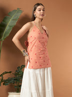 Savorelle Riviera Halter Backless Printed Short Kurti Orange