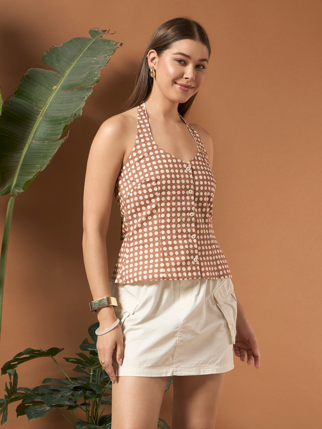 Savorelle Amalfi Striped Halter Top Polka Brown