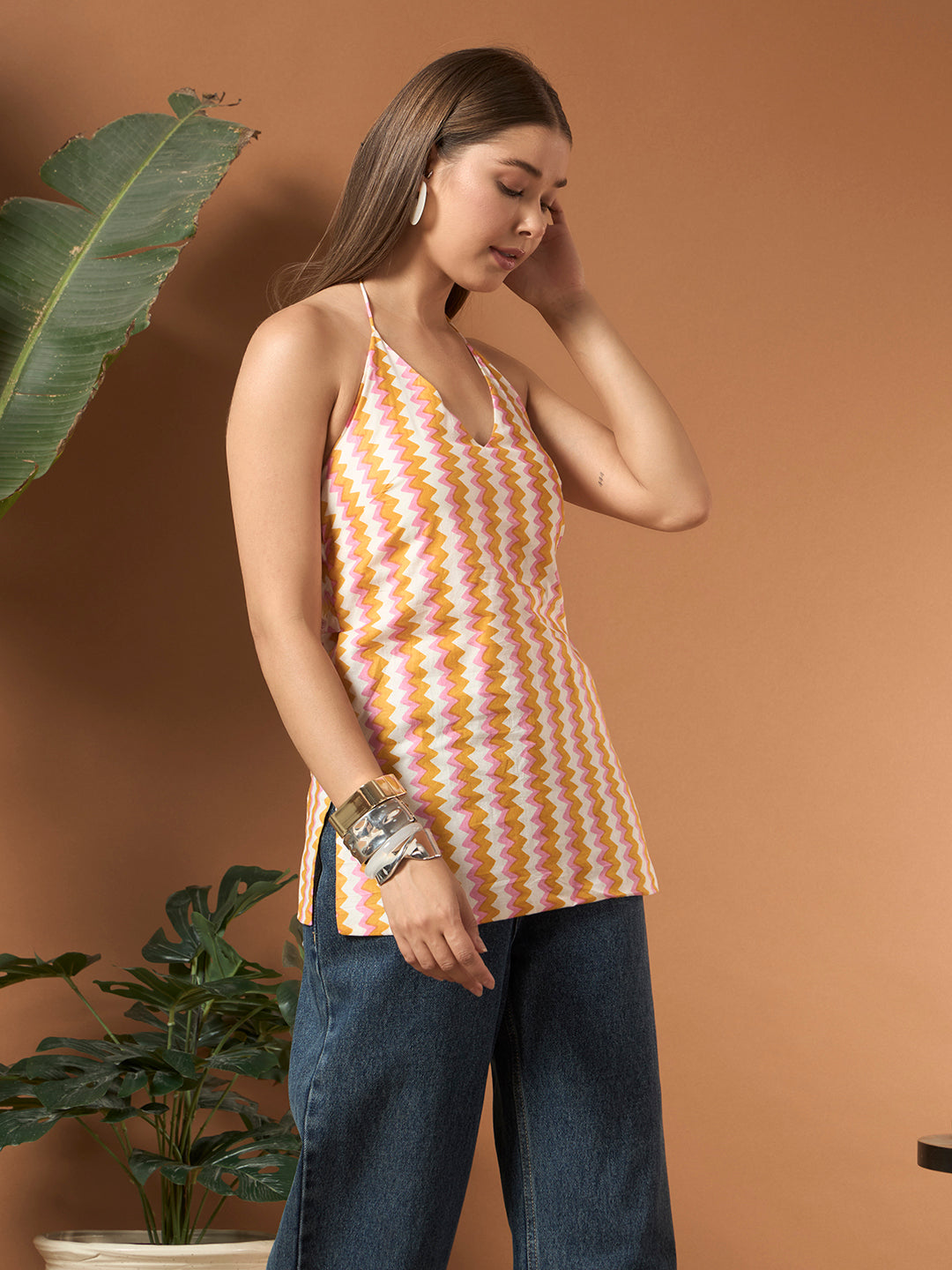 Savorelle Riviera Halter Backless Printed Short Kurti Pink