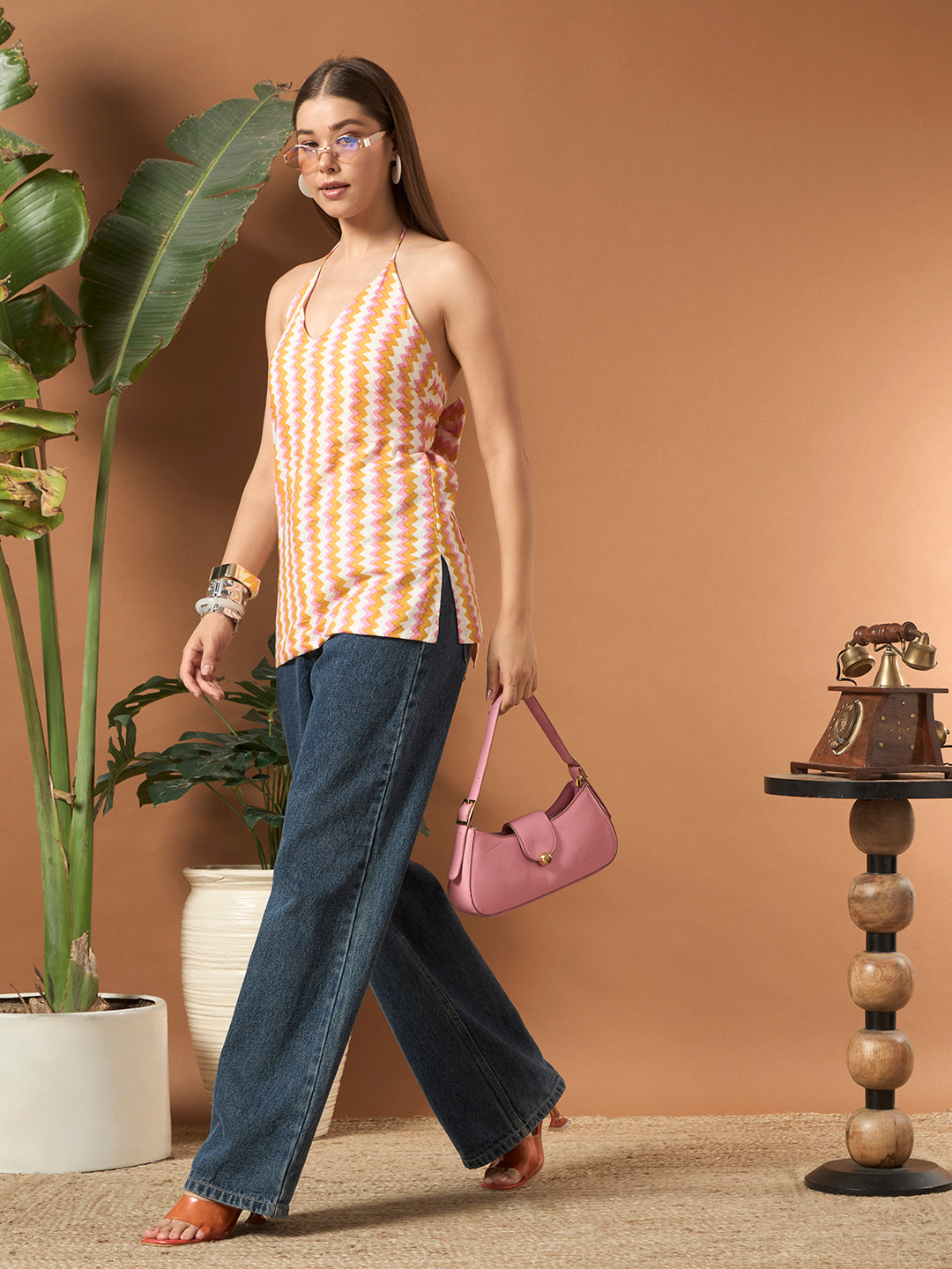 Savorelle Riviera Halter Backless Printed Short Kurti Pink