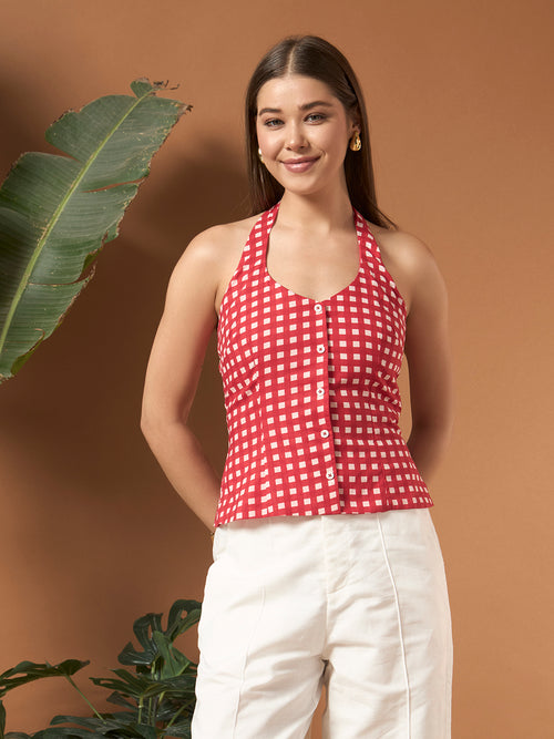 Savorelle Amalfi Striped Halter Top Gingham Red