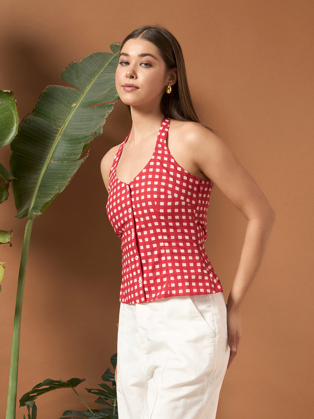 Savorelle Amalfi Striped Halter Top Gingham Red