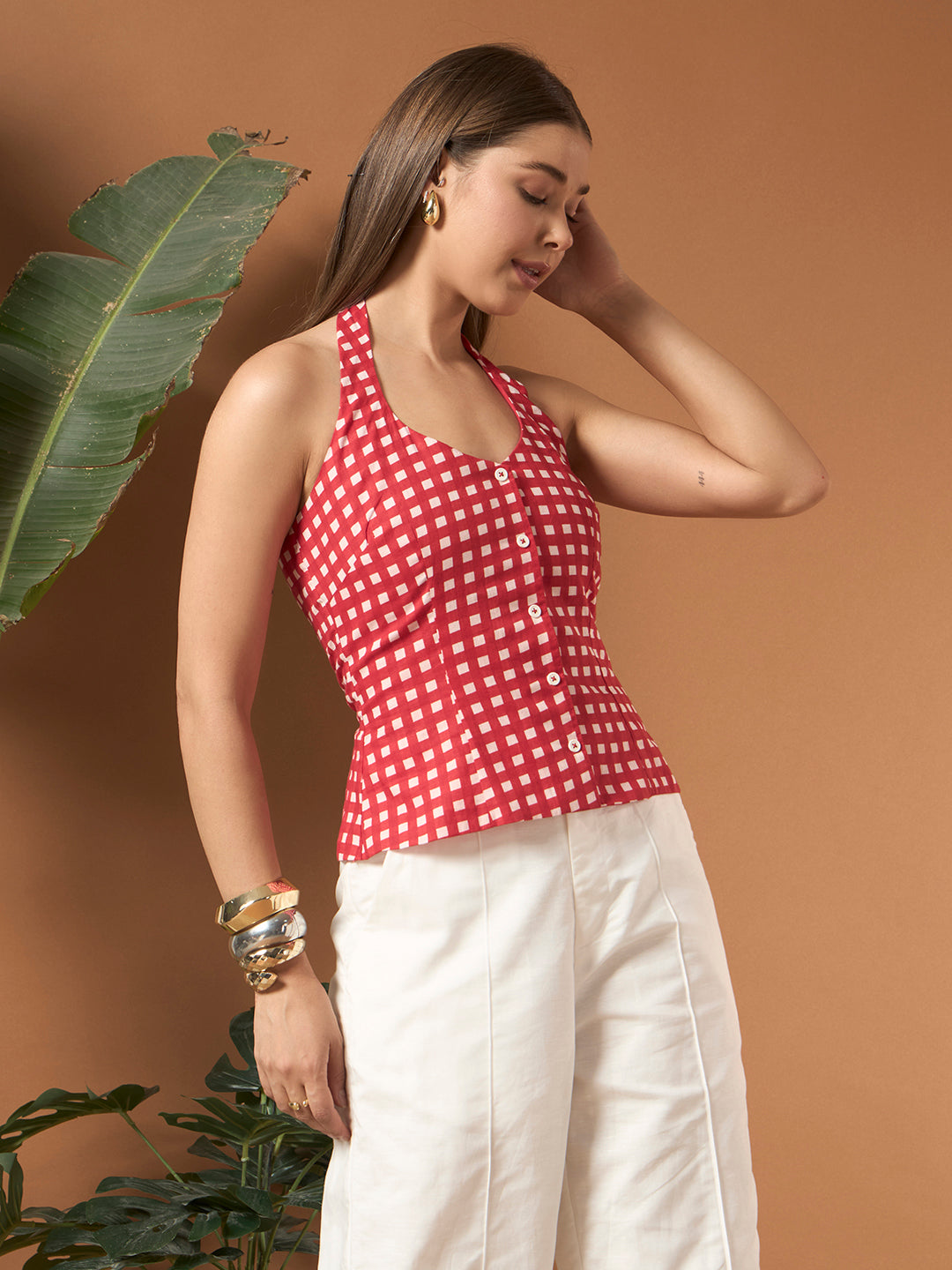 Savorelle Amalfi Striped Halter Top Gingham Red