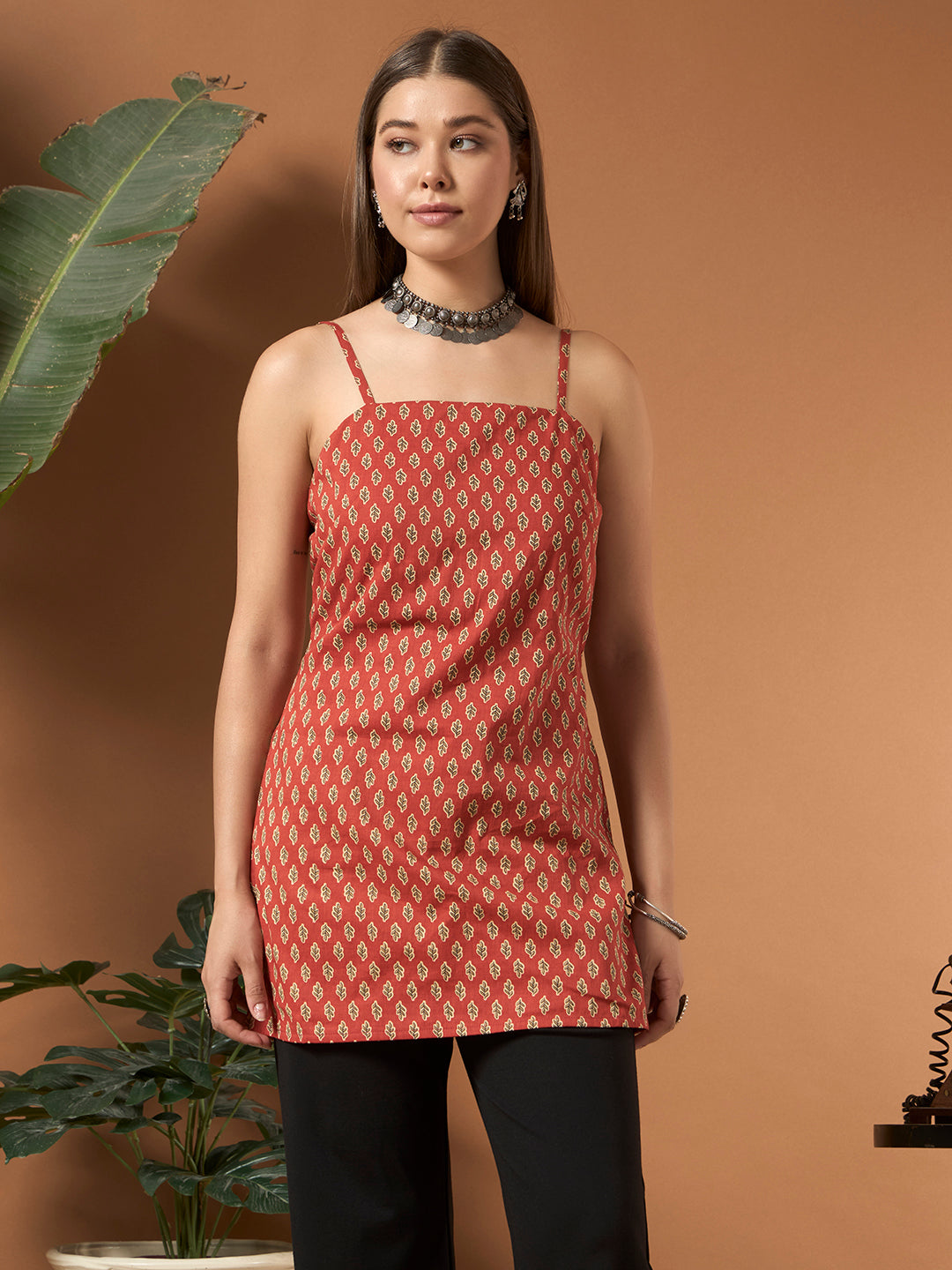 Savorelle Heritage Printed Sleeveless Short Kurti Red