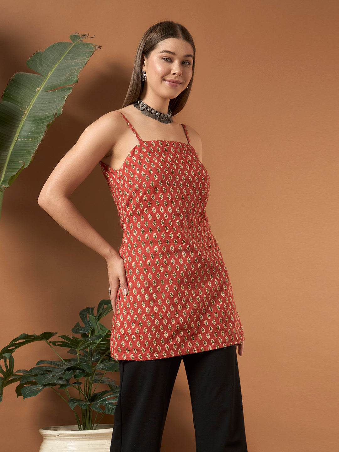 Savorelle Heritage Printed Sleeveless Short Kurti Red
