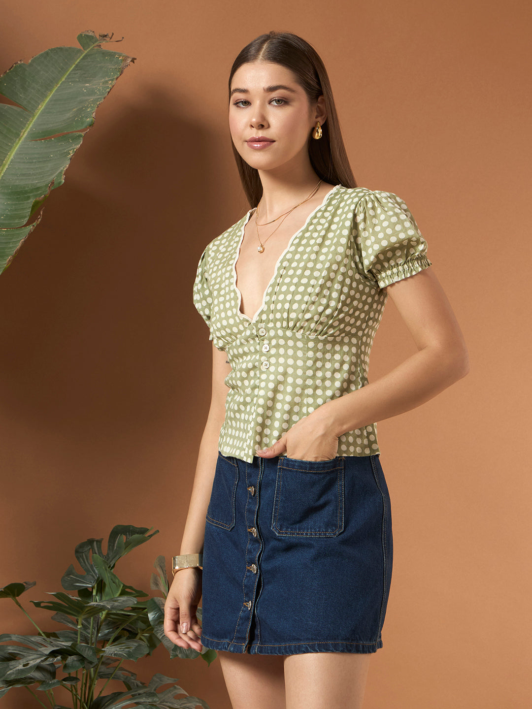 Savorelle Polka dot fitted Top Green