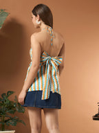 Savorelle Riviera Halter Backless Printed Short Kurti Blue